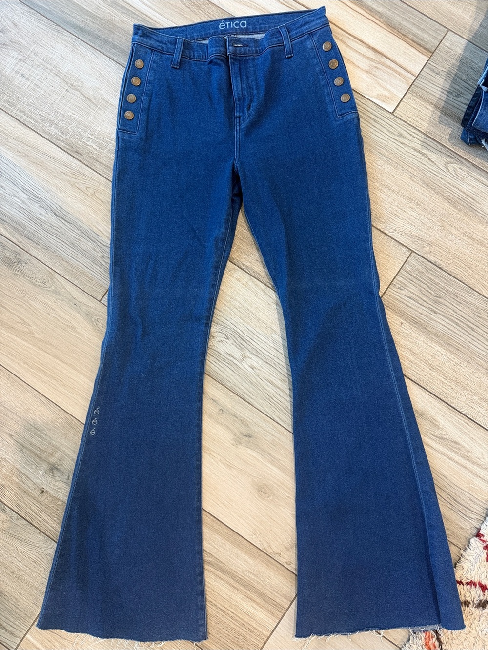 Etica Navy Blue Wide Leg Flare Jeans with Button Detail
